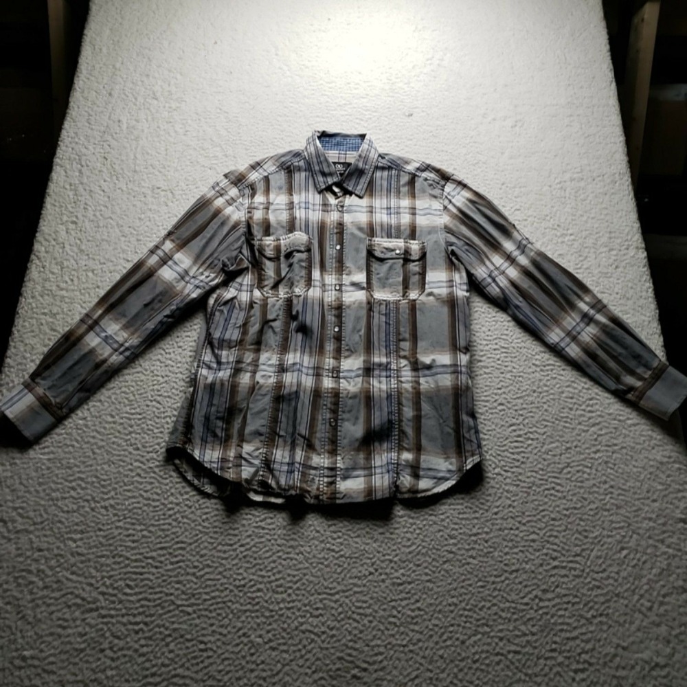 Bugatchi Shirt Mens Large Brown Plaid Cotton Shaped Fit Long Sleeve Button-Up
